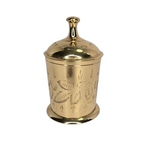 Brass Canister Etched Leaf Design With Lid 4.5" Tall, Brass Lidded Jar